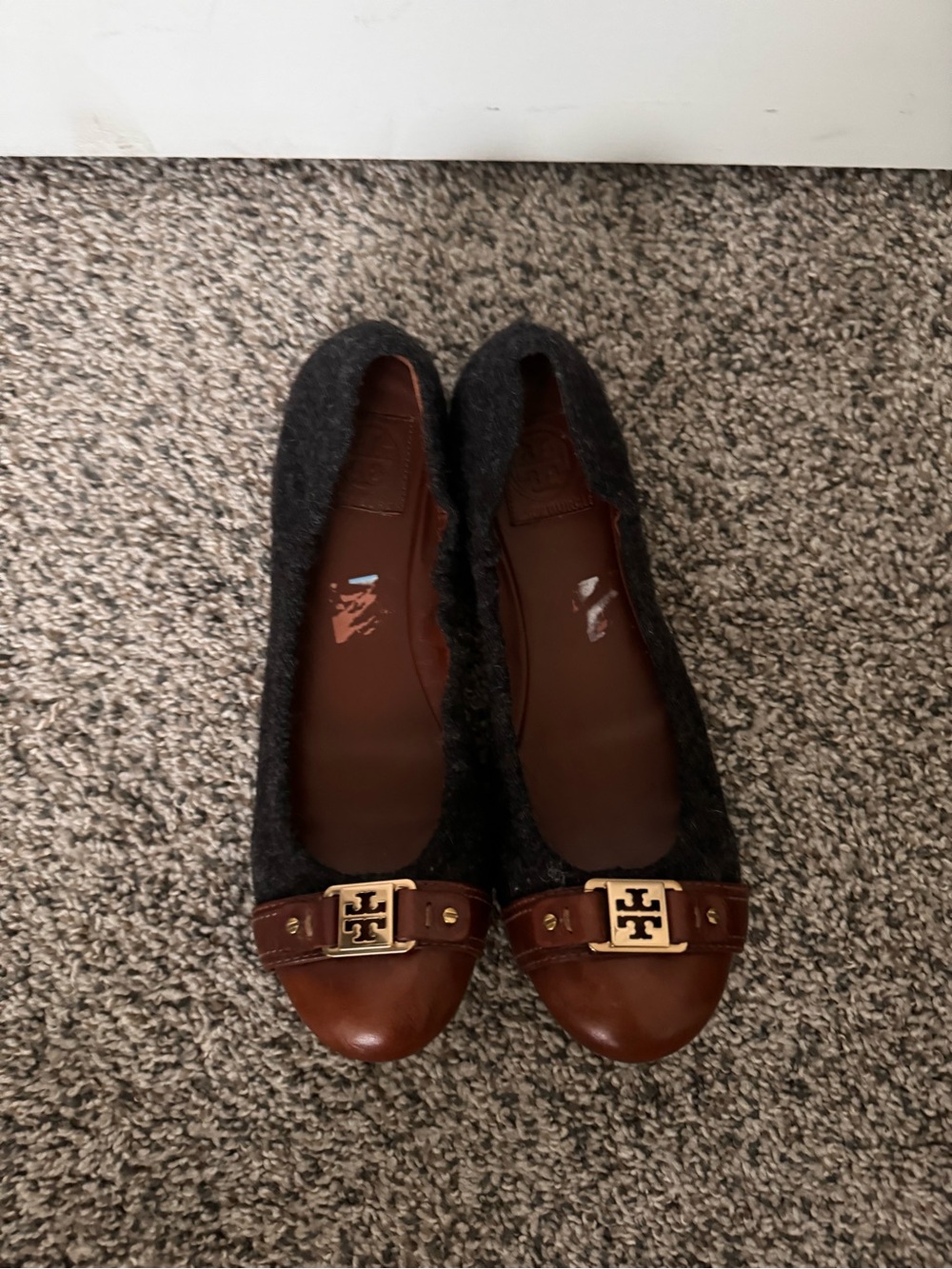 Tory Burch Black Wool and Brown Leather Logo Cap-Toe Flats